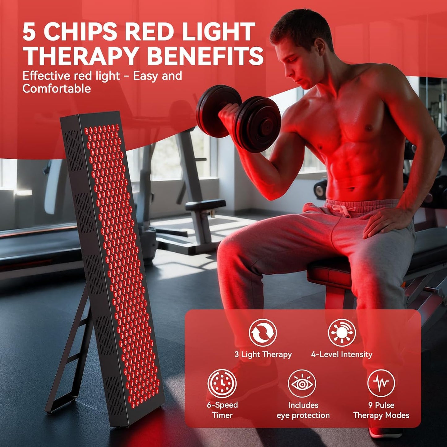 Red Light Therapy Box, 5In1 LED with 630-660-810-830-850, Metal Case, 3 Modes Red Light Panel with Soft Belt, 6 Timing Set - 9 Pulse Modes - 4-Level - Red Light Therapy Panel for Body