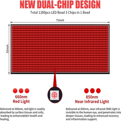 Red Light Therapy Mat for Body Pain Relief,Red Light Therapy Blanket 1280 Leds Red near Infrared 660Nm 850Nm Full Body Pad, 71"X 31" Large Red Light Therapy Pad
